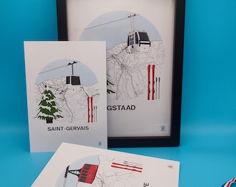 Mountain poster, ski resort, Megève, Chamonix, Mont Blanc, Courchevel, Les Deux Alpes, Les Trois Vallées, Gstaad, Switzerland