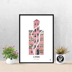 Poster La Torre Rosa di Lione, Mappa di Lione, Poster, Arte, Stampa, Mappa, Impressione, Deco, Città, regalo originale, decorazione.
