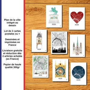 Lot cartes postales de Rouen, Carte de Rouen, Cathédrale, Horloge, Normandie, Affiche, Print, Map, Deco, Ville