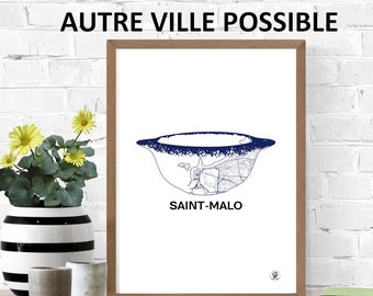 Personalized Brittany poster, Breton bowl, Map of St-Malo, Brest, Quimper, Vannes, Rennes, Saint-Brieuc, Concarneau