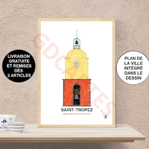 Affiche ville de Saint-Tropez, Carte de Saint-Tropez, Eglise Notre-Dame, Affiche, Art, Print, Map, Impression, Deco, Ville