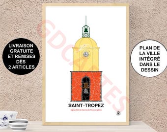 Saint-Tropez city poster, Saint-Tropez map, Notre-Dame church, Poster, Art, Print, Map, Impression, Deco, City