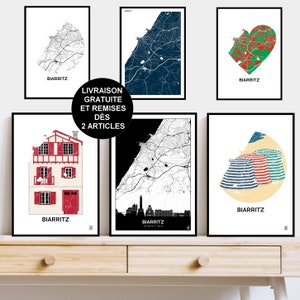 Affiche de Biarritz, Carte de Biarritz, Affiche, Art, Print, Map, Impression, Deco, Ville.