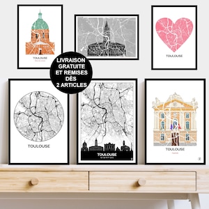 Plakat Tuluzy, Mapa Tuluzy, plakat, plakat, sztuka, druk, mapa, wrażenie, Deco, miasto, Occitanie, spersonalizowane