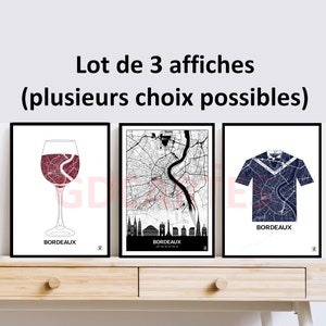Lot 3 affiches de Bordeaux, 3 Cartes de Bordeaux au choix, Vin, Girondins, Cathédrale, Skyline, Cannelé, Affiche, Map, Deco, Ville