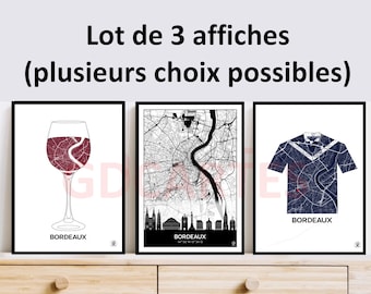 Lot 3 affiches de Bordeaux, 3 Cartes de Bordeaux au choix, Vin, Girondins, Cathédrale, Skyline, Cannelé, Affiche, Map, Deco, Ville