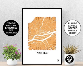 Nantes city poster, Nantes map, Biscuit, Poster, Art, Print, Map, Printing, Decor, City