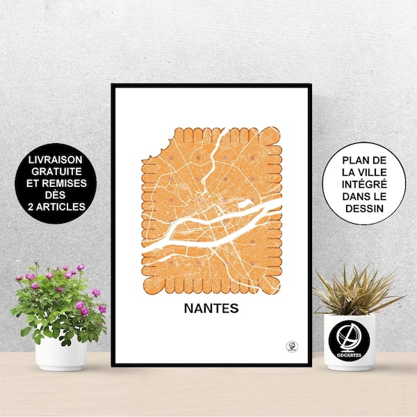 Affiche ville de Nantes, Carte de Nantes, Biscuit, Affiche, Art, Print, Map, Impression, Deco, Ville