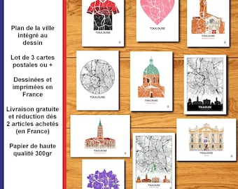 Lot cartes postales de Toulouse, Carte de Toulouse, Stade Toulousain, Dome, Capitole,, Affiche, Carte de Vœux, Map, Impression, Deco, Ville