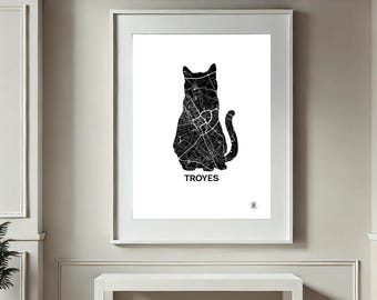 Troyes poster, Troyes map, cat alley, Poster, Art, Print, Map, Print, Deco, City