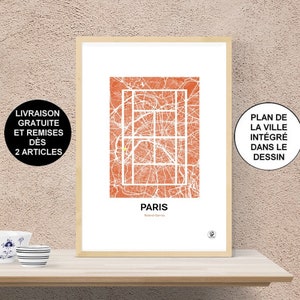 Póster de tenis, mapa de París, póster, arte, impresión, mapa, impresión, decoración, ciudad