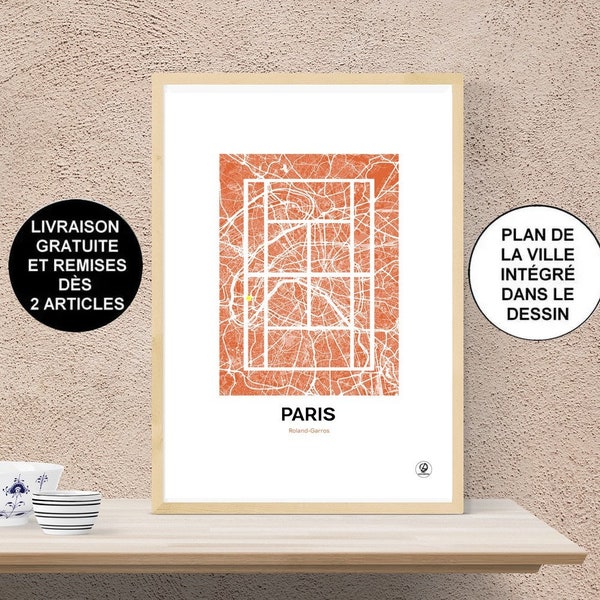 Affiche Roland-Garros, Carte de Paris, tennis, Nadal, Roalnd Garros, Affiche, Art, Print, Map, Impression, Deco, Ville