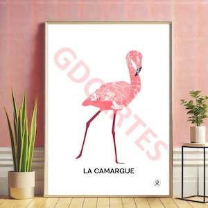 Cartel de Camargue, Mapa de Camargue, Flamenco Rosa, Cartel, Arte, Impresión, Mapa, Impresión, Deco, Ciudad