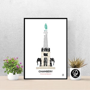 Poster Fontaine des éléphants de Chambéry, Carte de Chambéry, Affiche, Art, Print, Map, Impression, Deco, Ville
