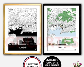 Affiche Skyline de Toulon, Carte de Toulon, Affiche, Art, Print, Map, Impression, Deco, Ville.
