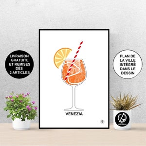 Poster Venise, Carte Venise, Affiche ville de Venise, alcool, Art, Print, Map, Impression, Deco, Ville, Venezia, Spiritueux, Spritz