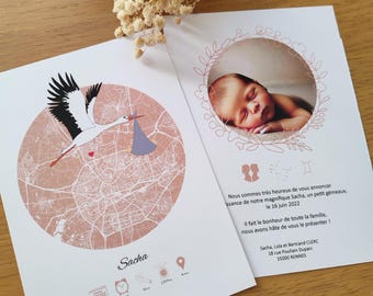 Unique, customizable birth announcement, city, boho