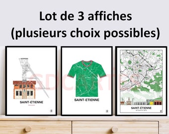Set of 3 Saint-Etienne posters, 3 Saint-Etienne maps of your choice, ASSE jersey, poster, map, decoration, city, personalized