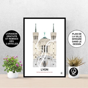 Poster Fourvière de Lyon, Carte de Lyon, Affiche Basilique  Fourviere, Art, Print, Map, Impression, Deco, Ville