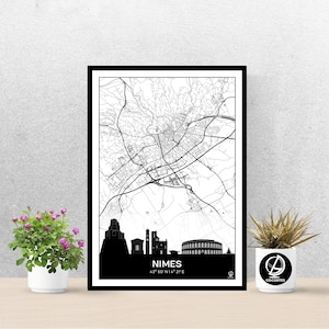 Poster Skyline de Nimes, Carte de Nimes, Affiche, Art, Print, Map, Impression, Deco, Ville.