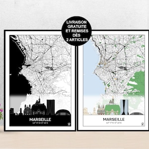 Poster Skyline de Marseille, Carte de Marseille, Affiche, Art, Print, Map, Impression, Deco, Ville, Anniversaire.