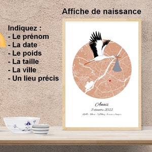 Poster nascita personalizzato, battesimo, bimbo, città, cicogna, City card, Biglietto d'auguri, Deco, Originale, unico