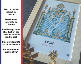 Poster Parc de la Tête d'Or in Lyon, Map of Lyon, Poster, Art, Print, Map, Printing, Deco, City
