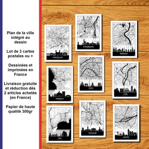Lot cartes postales skyline de villes, Carte de ville, Affiche, Paris, Lyon, Marseille, Nice, Toulouse, Nantes, Bordeaux, Montpellier, Lille