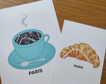 Paris poster, Parisian croissant, Parisian café, Paris souvenir, Art, Print, Map, Printing, Decor, City