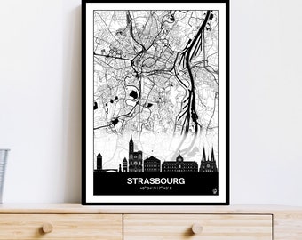 Grande affiche de Strasbourg, 50x70cm, Poster Skyline de Strasbourg, Carte de Strasbourg, Affiche, Art, Print, Map, Impression, Deco, Ville.