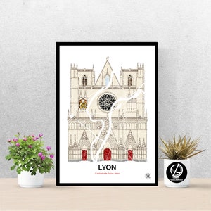 Poster Cathédrale St-Jean de Lyon, Carte de Lyon, Affiche, Art, Print, Map, Impression, Deco, Ville, Cadeau original
