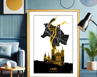 Poster Lyon, Fourvière, City of Lights, Festival of Lights, Poster, Art, Print, Map, Printing, Deco, City