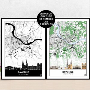 Poster Skyline de Bayonne, Carte de Bayonne, Baiona, Affiche, Art, Print, Map, Impression, Deco, Ville.