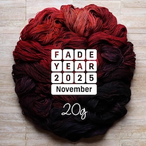 Könnte beinhalten: Handgefärbtes Garn in Rot- und Schwarztönen, kreisförmig angeordnet. Der Text "FADE YEAR 2025 November 20g" ist im Bild enthalten. Das Garn liegt auf einer Holzoberfläche.