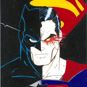 May include: A digital illustration of Batman and Superman, their faces merged together. Superman's right eye is bleeding. The text '#WHO WILL WIN' is at the top of the image.