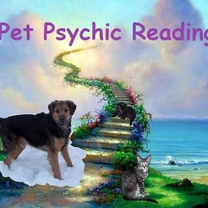 May include: A painting of a dog and two cats on a stairway leading to a cloudy sky. The text "Pet Psychic Reading" is at the top of the image.