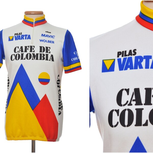 vintage 80s CYCLING JERSEY 'Cafe de Colombia' / fits mens size M-L / short sleeve T-shirt top / L'Eroica / Pilas Varta Mavic Vitus Wolber