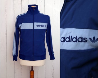 mens vintage retro 80s adidas TRACKSUIT TOP / size XS extra small / blue color / trackie jacket