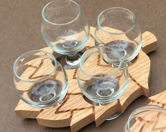 Hop Shaped Oak Beer Flight Paddle: 4 Beverage Sampler