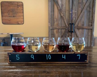 Reclaimed Wood Whisky Flight Paddle – Industrial Chalkboard Beer Sampler