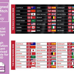 Formula 1 Race Calendar, 2026 Grand Prix Calendar, Formula One Race Fan, Race Calendar 2026, F1 Design, Formula 1 Design, PNG POD File