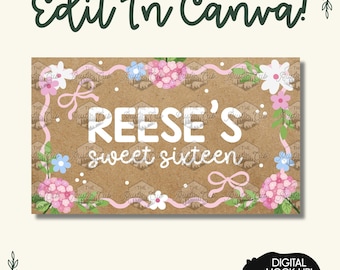 Sweet Sixteen Floral Banner Template | Editable Pink Birthday Backdrop (Digital Download)