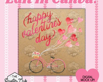30x30 Happy Valentine Banner | Editable Canva Template | Digital Download | Bike with Heart Balloons