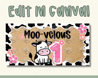 Moo-velous Cow First Birthday Banner | Pink Floral One, Cow Print (Digital Template)