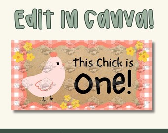 This Chick is One – Banner Template | Pink Hen, Peach Plaid (Digital Download)