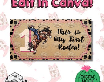 30x60 Cowgirl Bucking Bronco Banner | Cowprint Birthday | Pink Border | Editable Canva Template | Digital Download