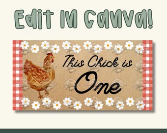 This Chick Is One – Banner Template | Chicken First Birthday, Red Plaid (Digital Download)