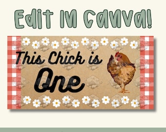 This Chick Is One – Banner Template | Farm Hen, Red Plaid (Digital Download)