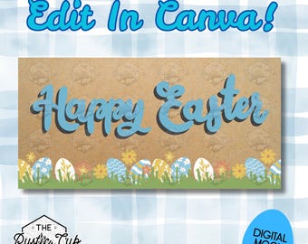 30x60 Happy Easter Banner Template | Colorful Flowers and Easter Eggs | Editable in Canva | Digital Download | Customizable Mockup