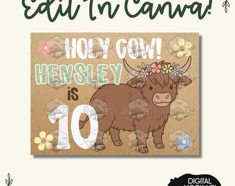 Highland Cow Birthday Banner Template | Editable Canva Party Decor (Digital Download)